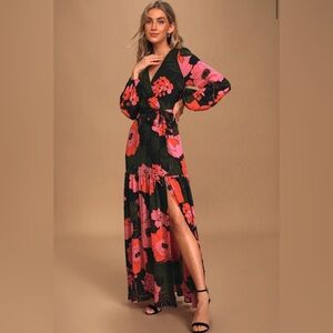 Lulus Dreaming On Black Multi Floral Print Balloon Sleeve Maxi Dress